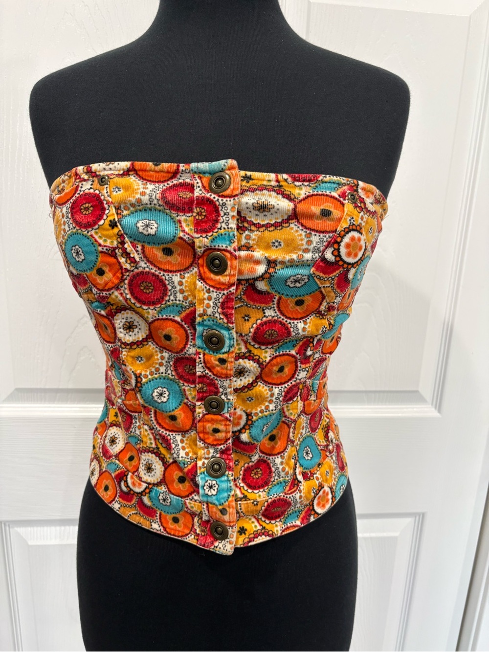 Wet Seal Strapless Button-Front Crop Top in Orange, Teal & Red Floral